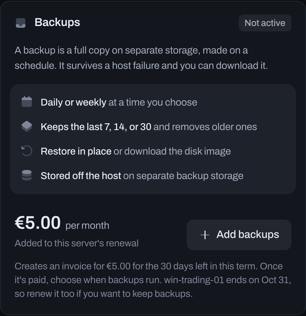 The panel's backup add-on card with schedule, restore and download.